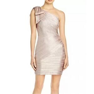 AQUA Metallic One Shoulder Bow Accent Sheath Cocktail Dress Pink and Gold Size 6